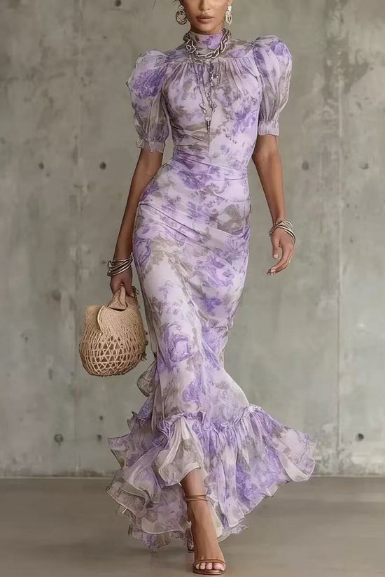 Bubble sleeve printed slim fit long skirt 