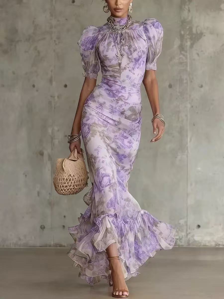 Bubble sleeve printed slim fit long skirt 
