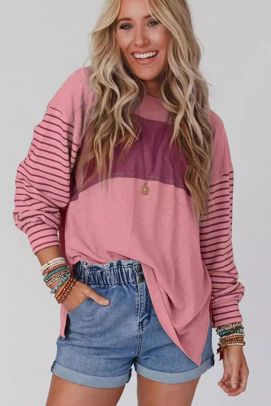 Women's casual color-blocked striped long sleeve round neck pullover t-shirt 