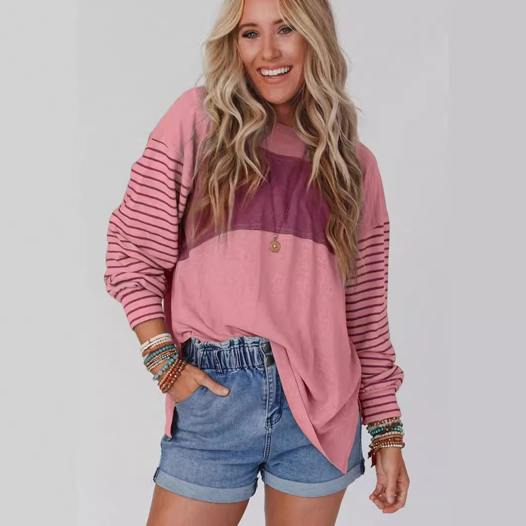 Women's casual color-blocked striped long sleeve round neck pullover t-shirt 