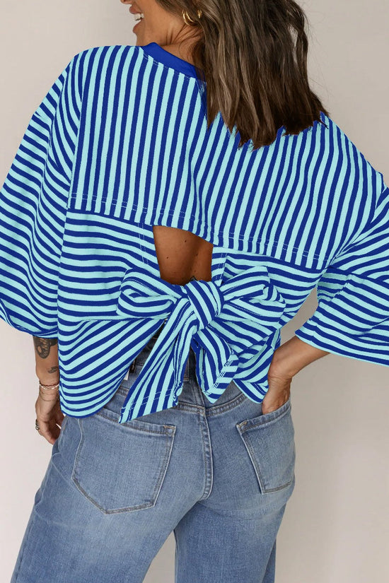 Round neck striped back tie bow pullover top 