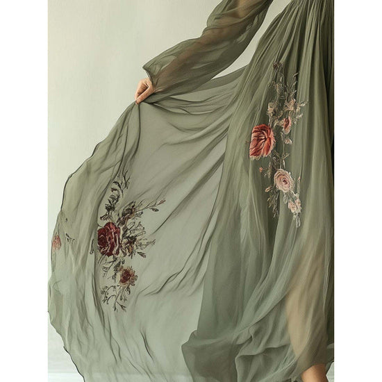 Printed long sleeved long collar dress long skirt 