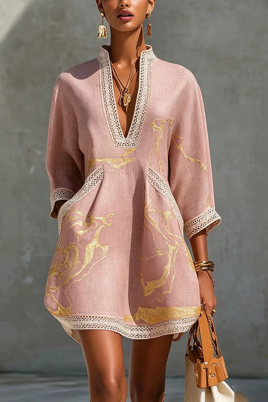 Printed lace trimmed seven quarter sleeved cotton linen short dress 