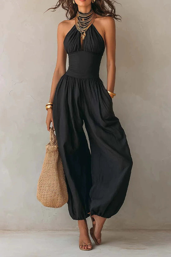 Sleeveless hanging neck backless high waisted jumpsuit 