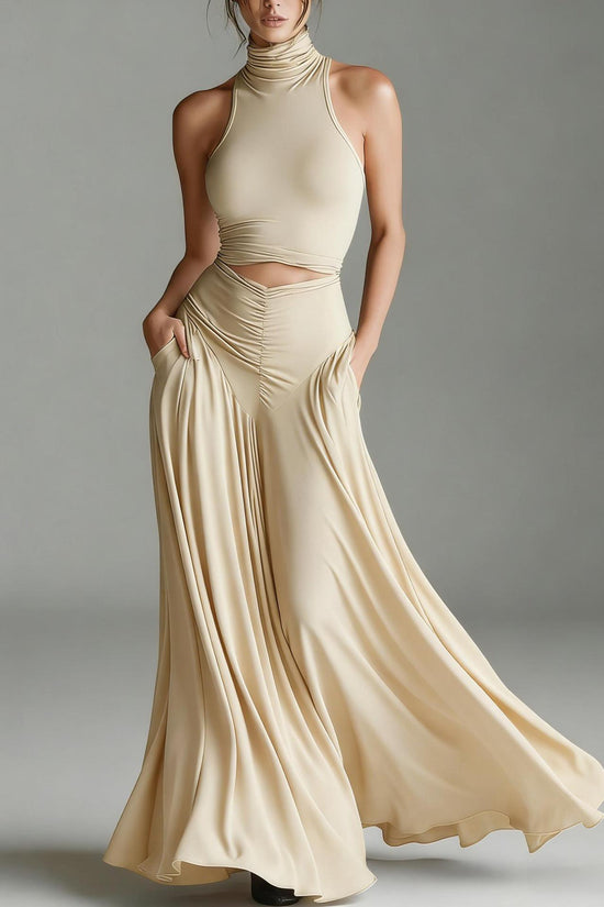Style Sleeveless High Neck Top with Elegant Long Dress Two-Piece Set