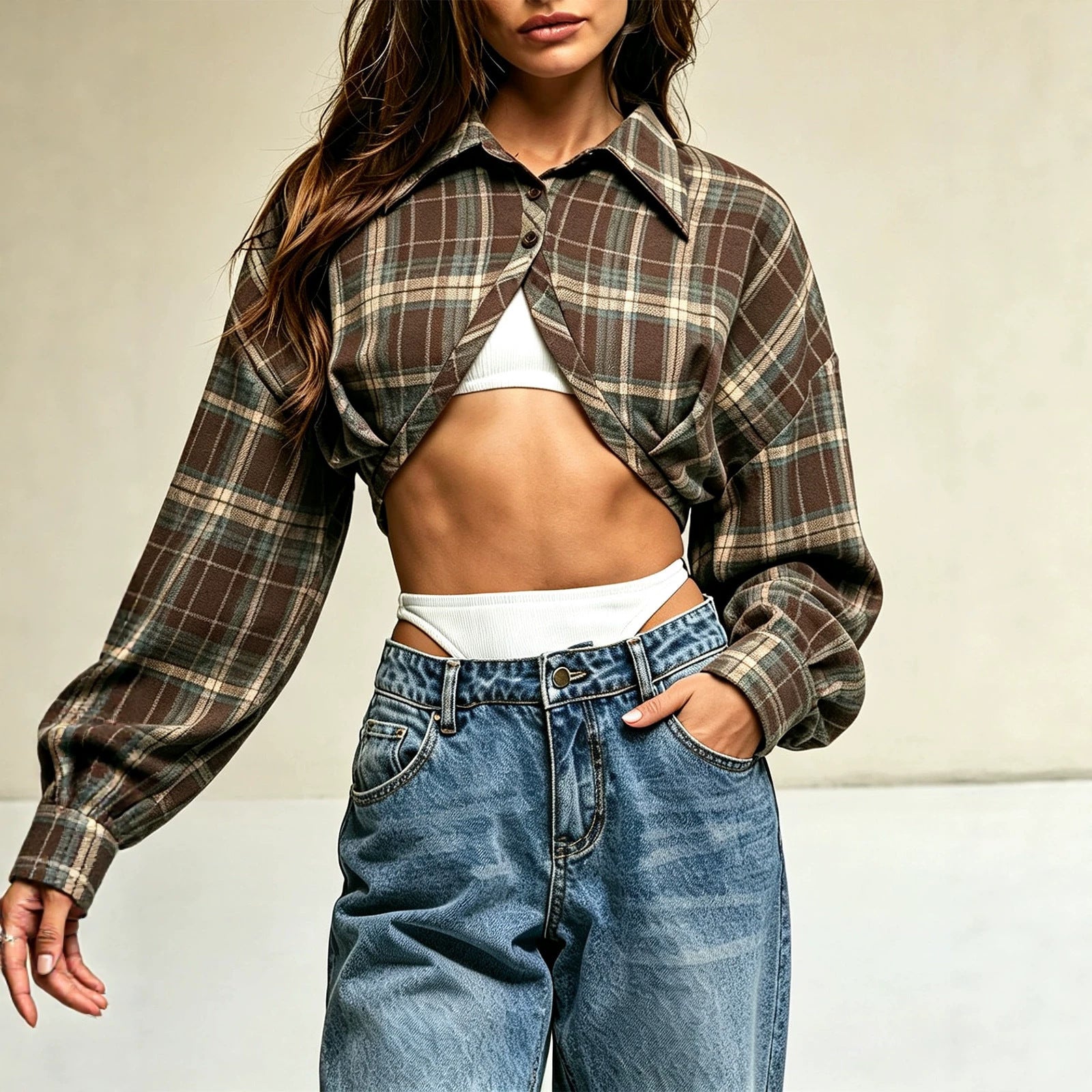 Asymmetric hem checkered short top 