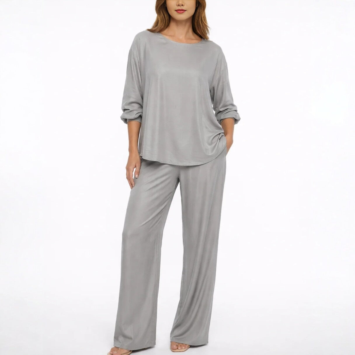 Solid color loose casual suit wide leg pants two-piece set 