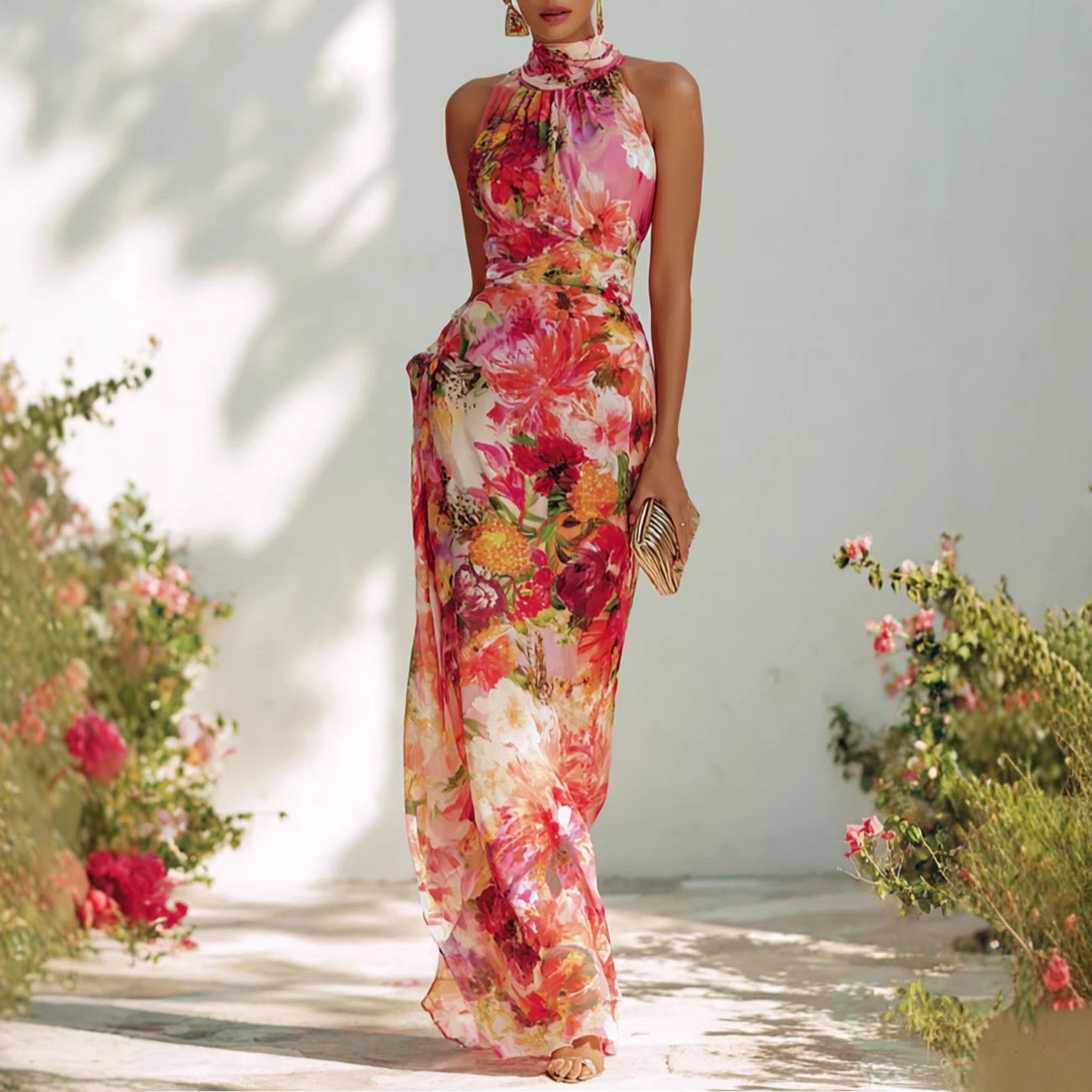 Elegant Floral Strapless Sleeveless Fitted Chiffon Dress 