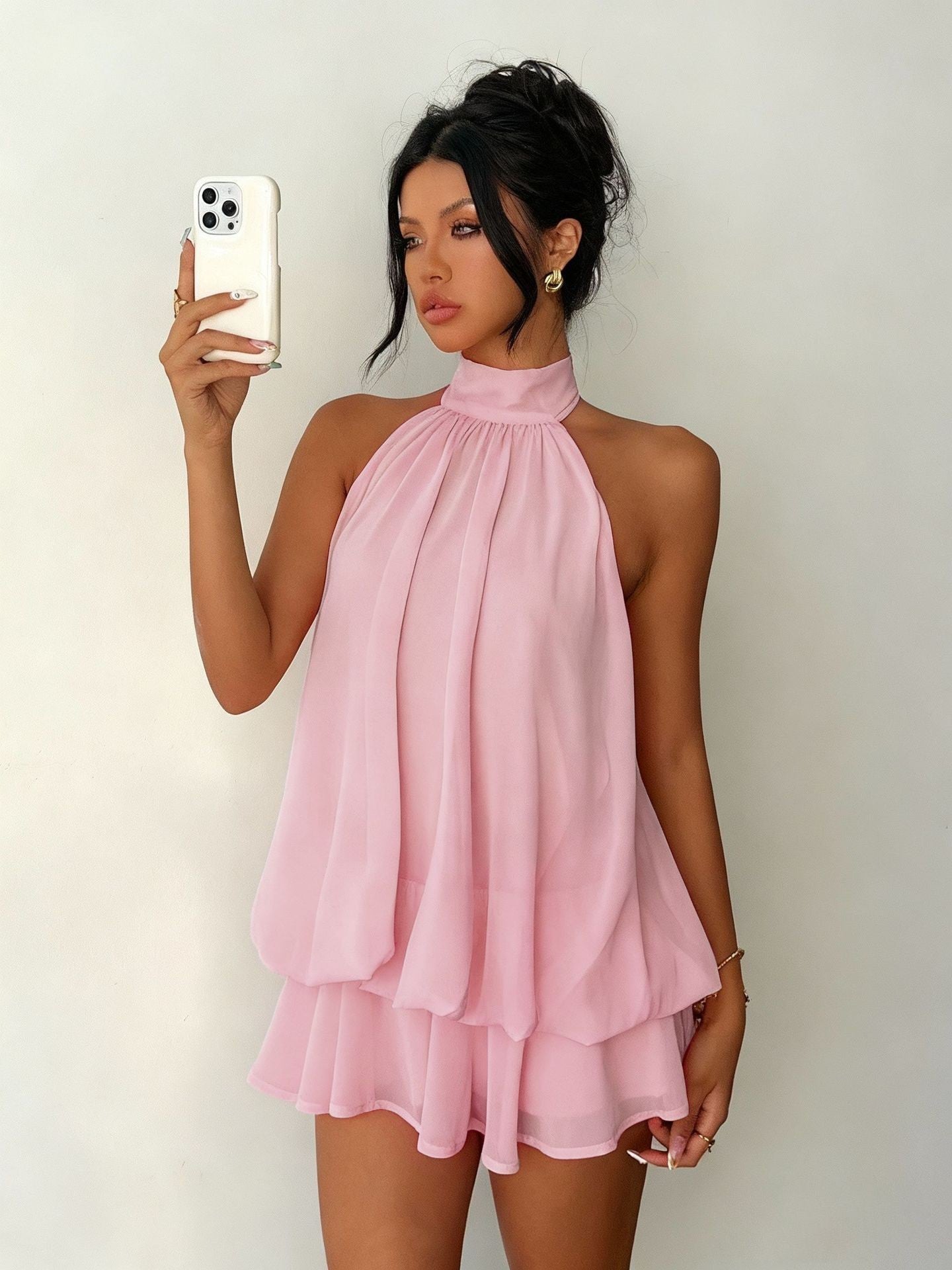 Women's vacation fitted sexy backless halter neck tie-waist dress with puffy short skirt 