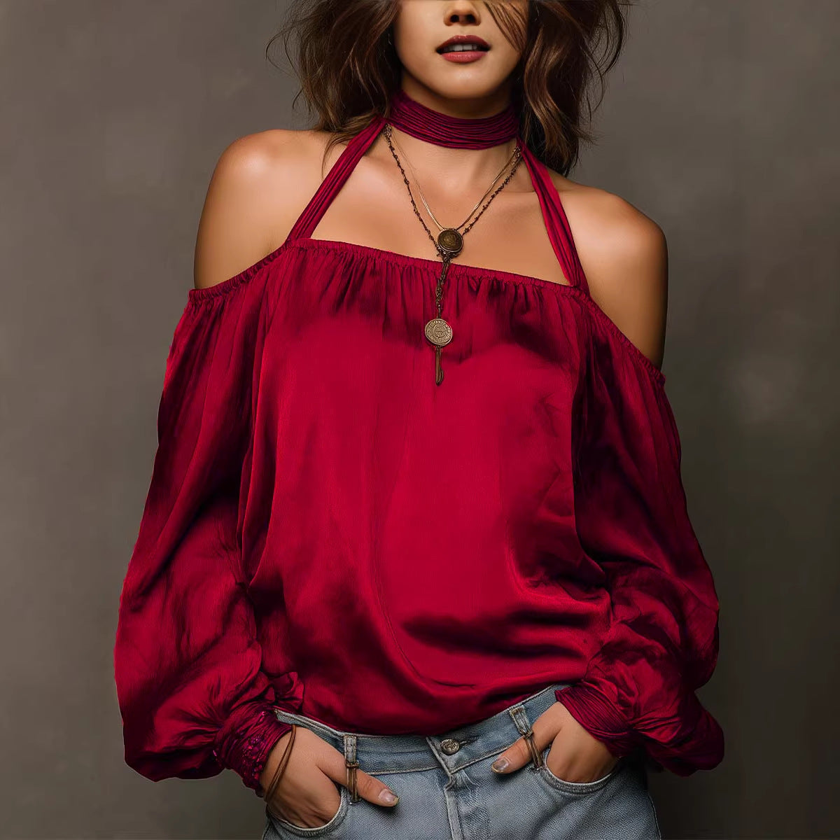 Chic Shoulder-Baring Matte Satin Blouse for Women Fashion Top 