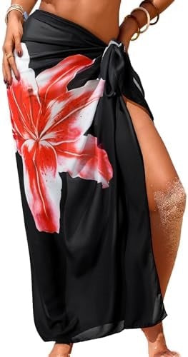 Women's Swimwear Transparent Sheer Cover-Up High-Slit One-Size Swim Dress Summer Floral Print Chiffon 