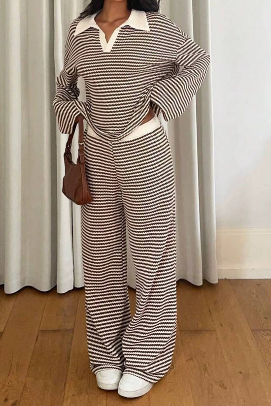 Long sleeved contrasting striped wide leg pants set 