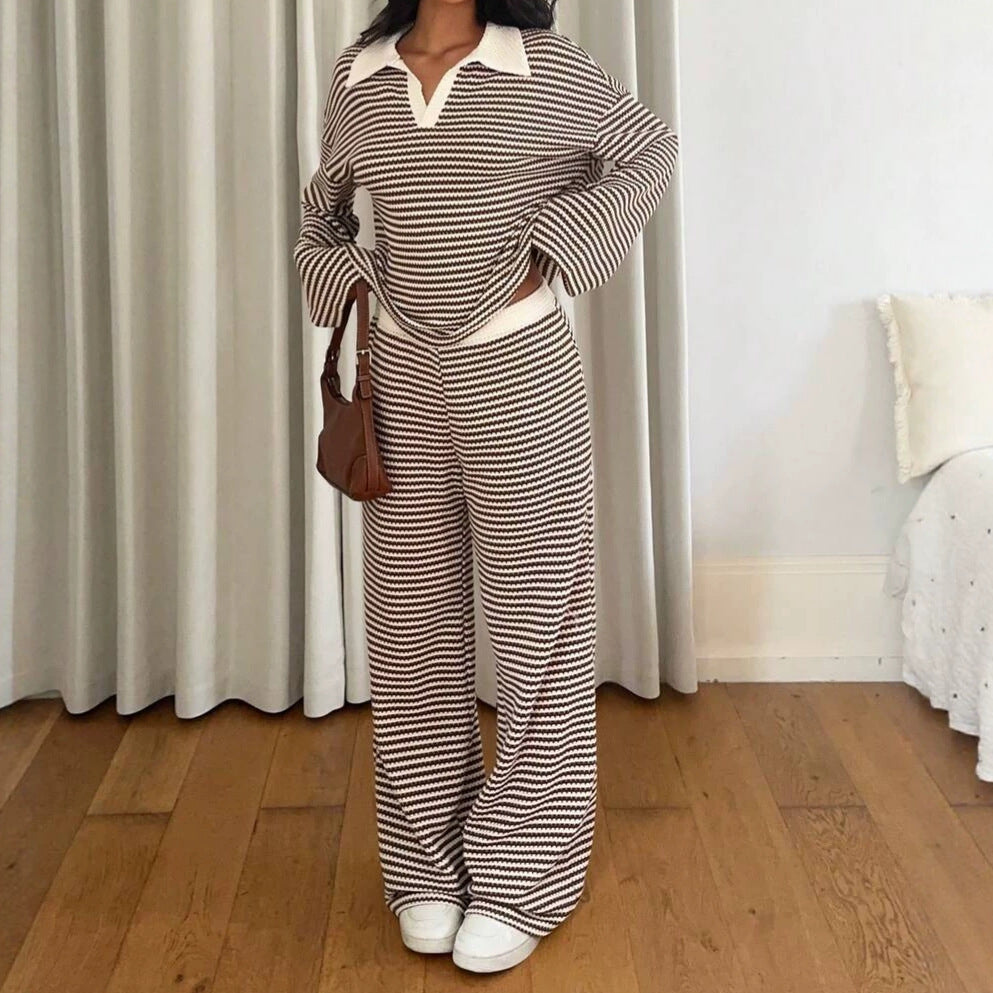 Long sleeved contrasting striped wide leg pants set 