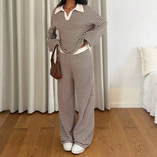 Long sleeved contrasting striped wide leg pants set 