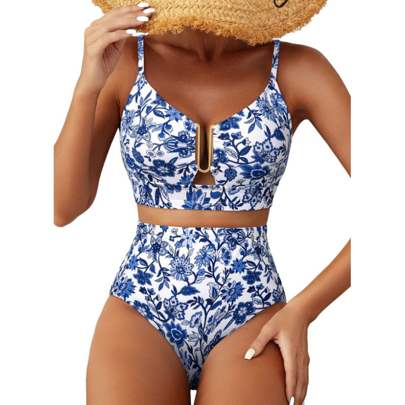 Floral Print High-Waisted U-Line Bikini Set Swimwear for Women 