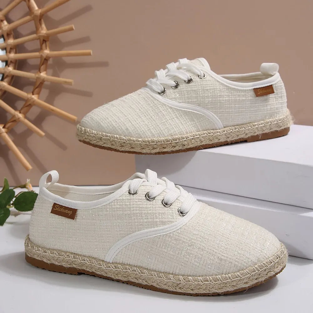 Lace Up Round Toe Flats Tweed Sneakers 