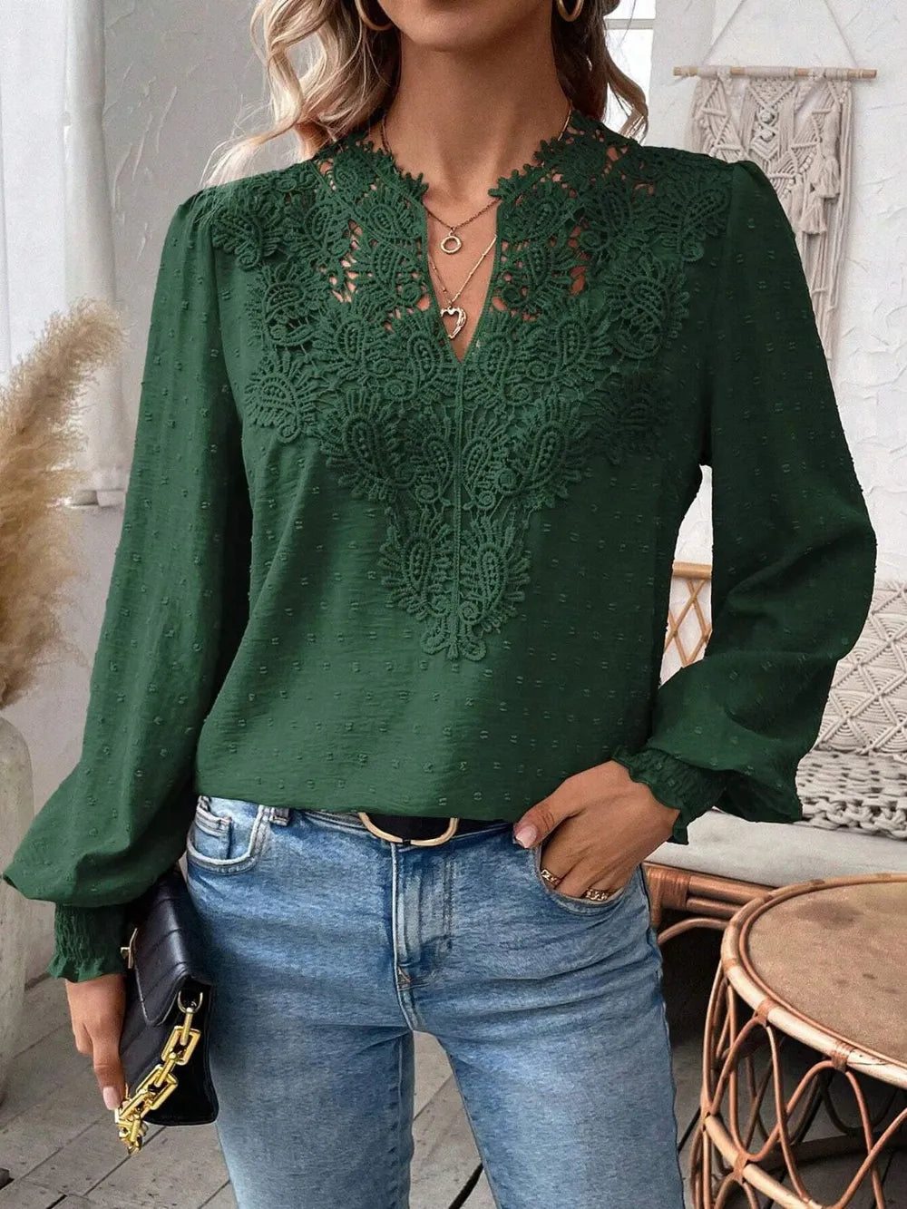 Swiss Dot Lace Detail Notched Long Sleeve Blouse 