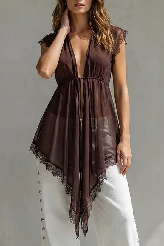Lace patchwork lace up waist cinching see through top 