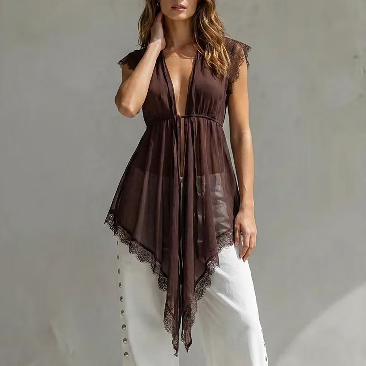 Lace patchwork lace up waist cinching see through top 