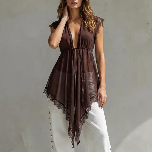 Lace patchwork lace up waist cinching see through top 