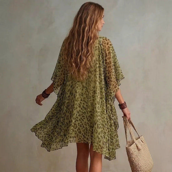 V-neck chiffon dress beach vacation cover shirt leopard print beach skirt 