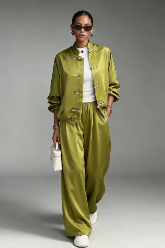 Satin set with hanging wide leg pants and drawstring two-piece set 