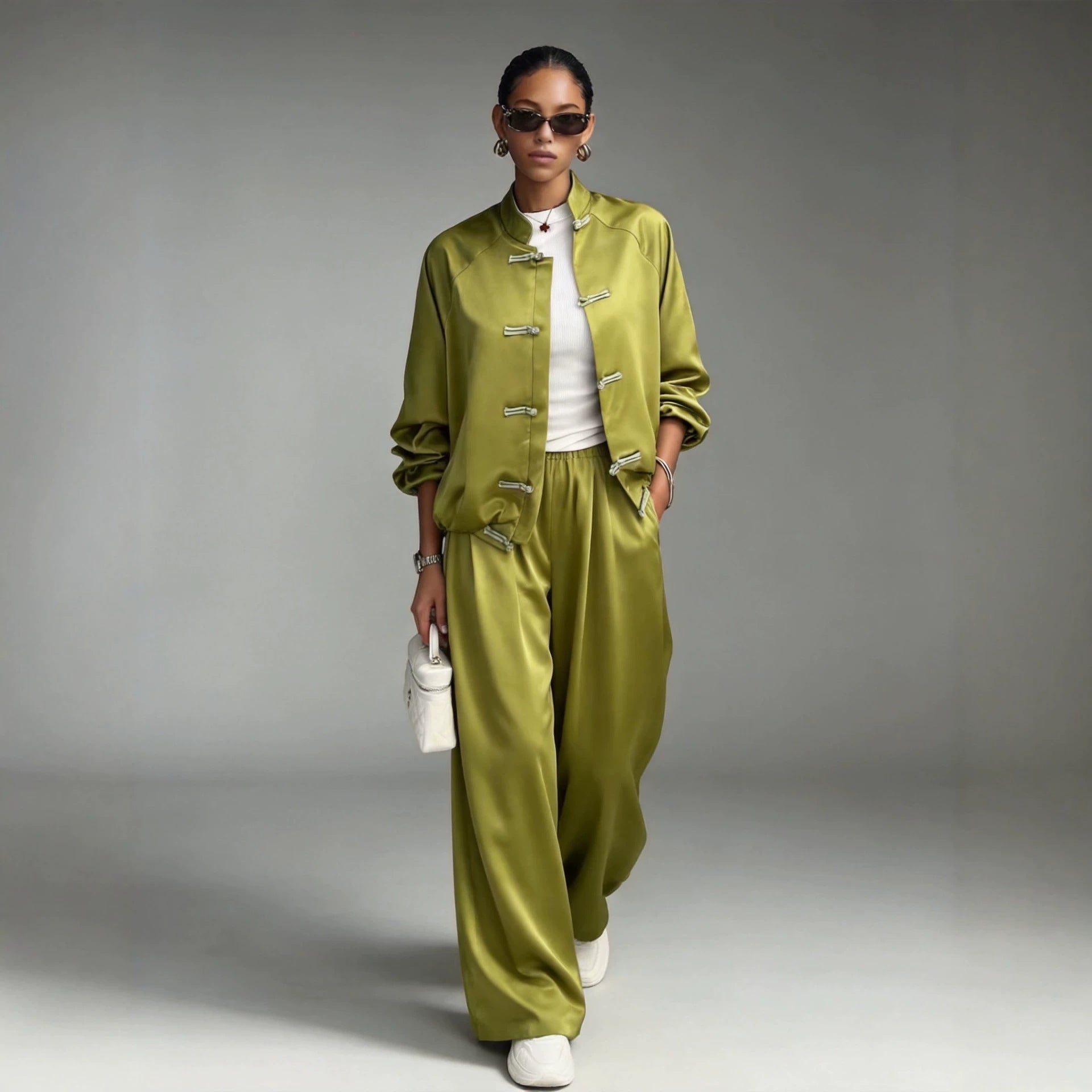 Satin set with hanging wide leg pants and drawstring two-piece set 