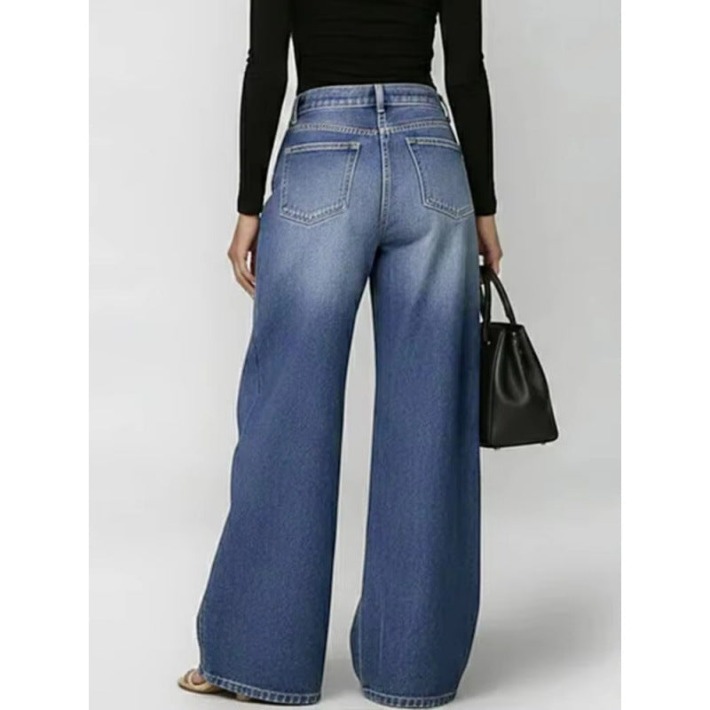 New jeans for women, metal eyelet design, casual loose high-waisted wide-leg jeans 