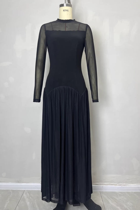 Elegant women's black see through mesh long sleeved dress 
