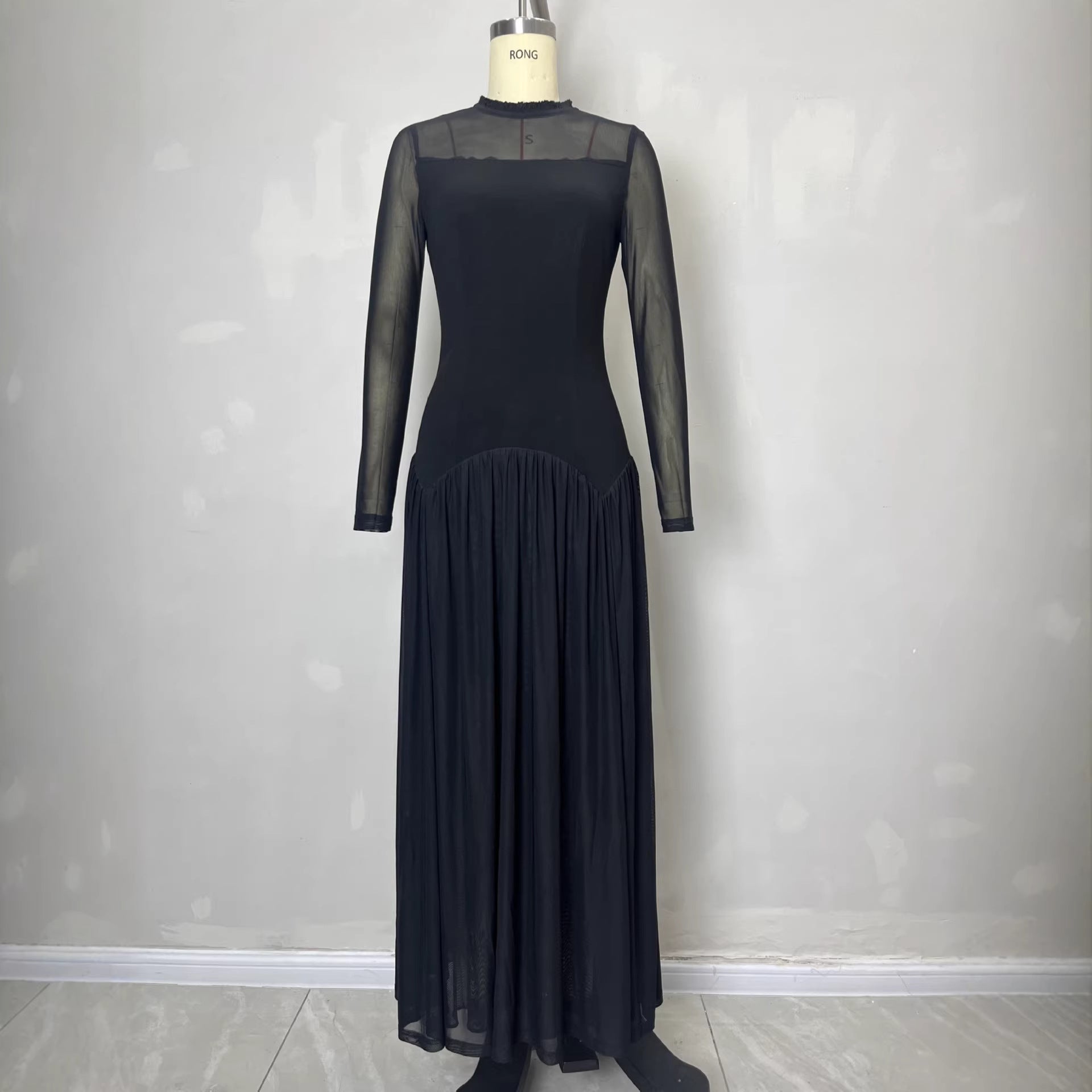 Elegant women's black see through mesh long sleeved dress 