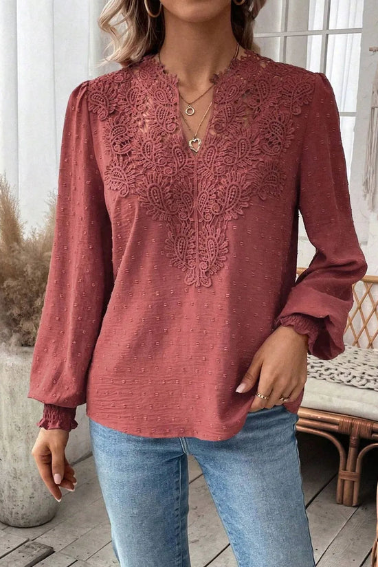Swiss Dot Lace Detail Notched Long Sleeve Blouse 