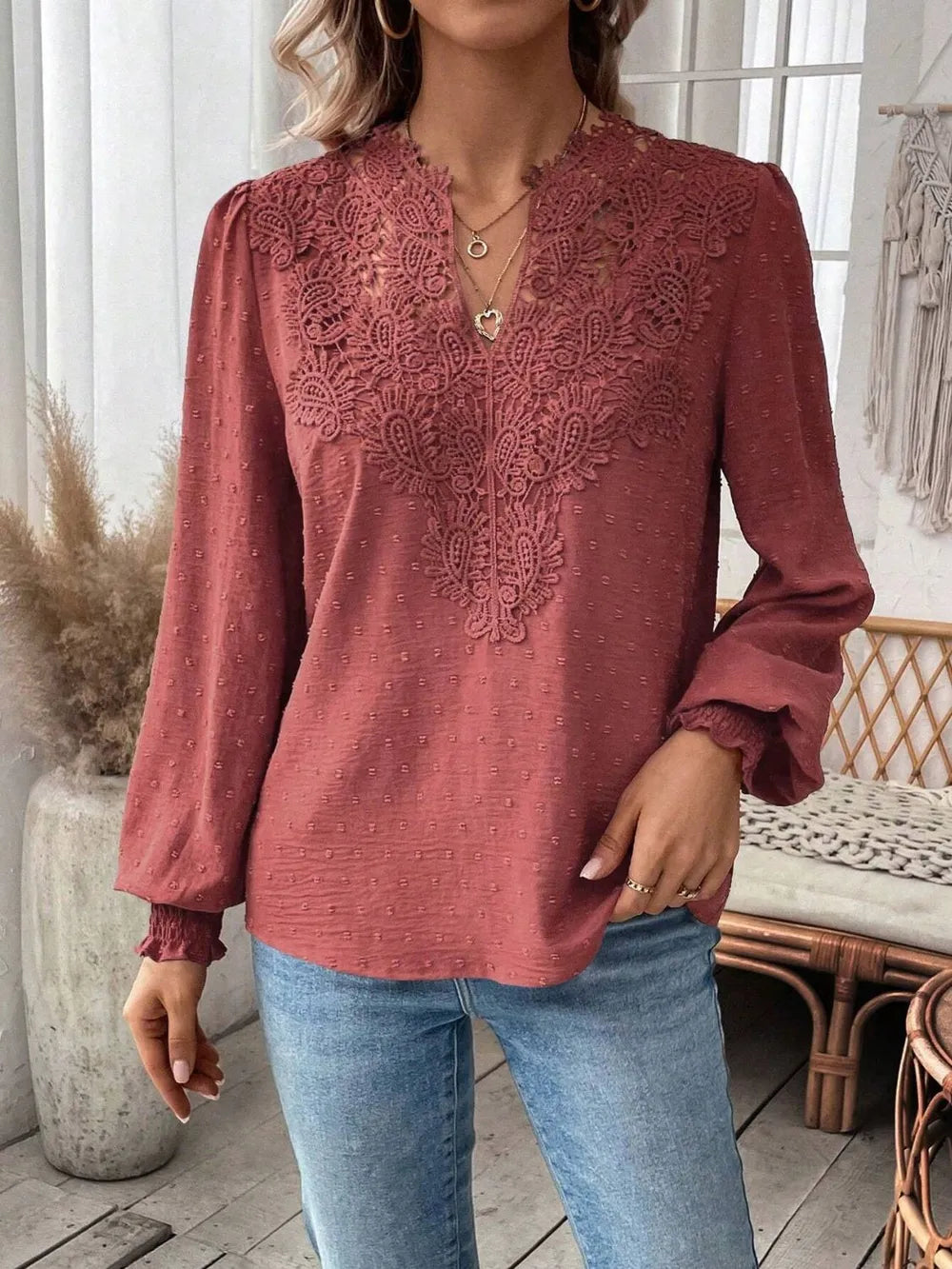 Swiss Dot Lace Detail Notched Long Sleeve Blouse 
