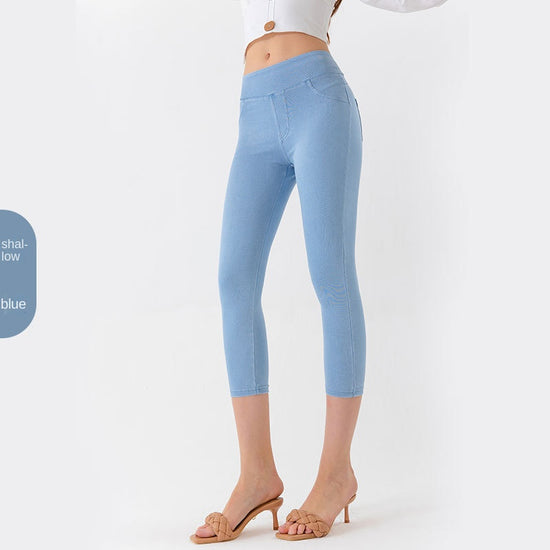 Yoga Denim Capri Pants for Women Low Waist Slim Fit High Elastic Tummy Control Fitness Casual Pants