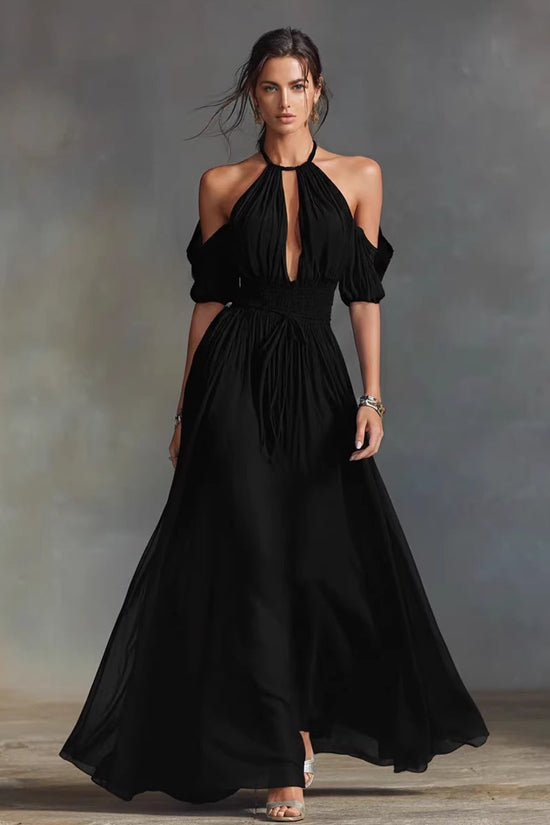 Womens Solid-Colored Halter Maxi Dress 