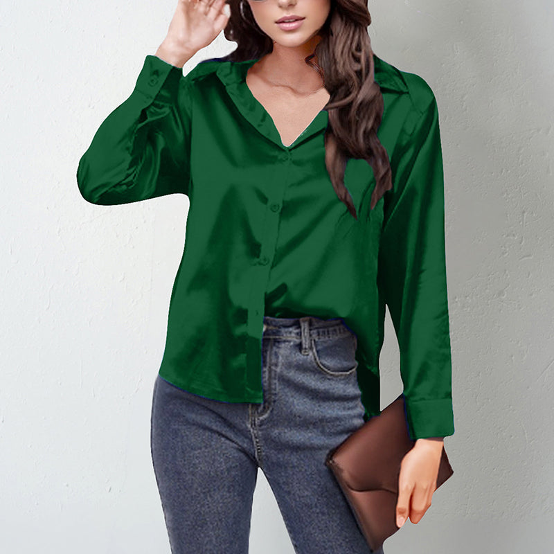 Women's Elegant Satin Lapel Shirt, Long Sleeve Button-Down Blouse For Casual And Office Wear 