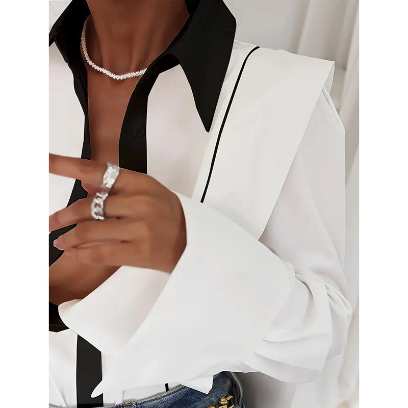 Women's Black & White Colorblock Button Down Shirt, Elegant Long Sleeve Collared Blouse, Office Work Tops CJ US