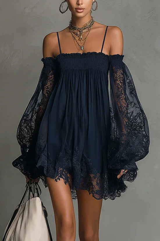 Long-sleeve Slip Dress In Solid Color With A Stretchy Boat Neck And Lace Detailing 