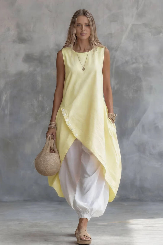 Solid-color Sleeveless Loose-fit Dress With Patch Pockets 