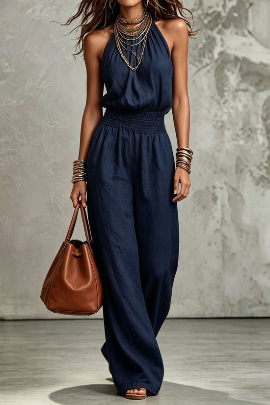 Womens Sleeveless Backless Cinched Waist Lace-up Halter Wide-leg Jumpsuit 