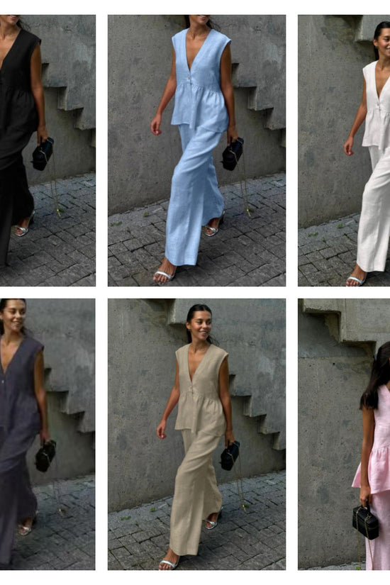 Womens Cotton V-Neck Sleeveless Vest And Wide-Leg Pants Set 
