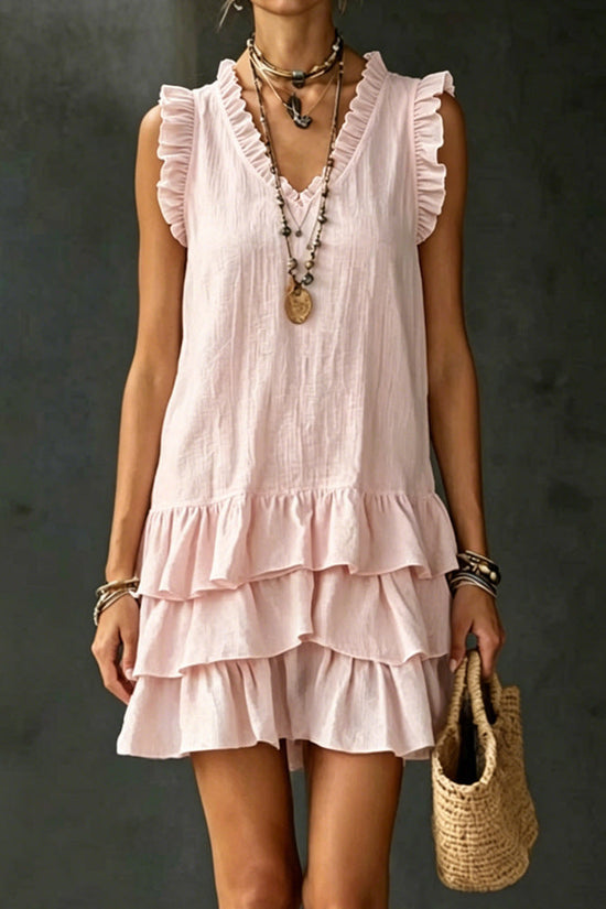 Women's Casual V-Neck Ruffle-Trim Sleeveless Dress 