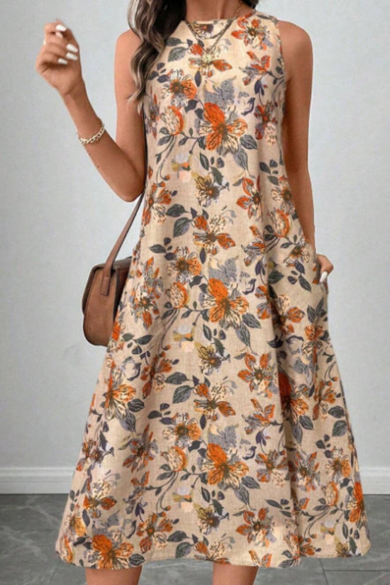 Womens Printed All-Match Sleeveless Pocketed Dress 