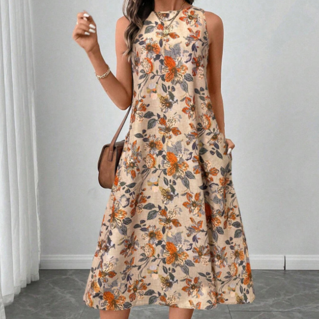 Womens Printed All-Match Sleeveless Pocketed Dress 