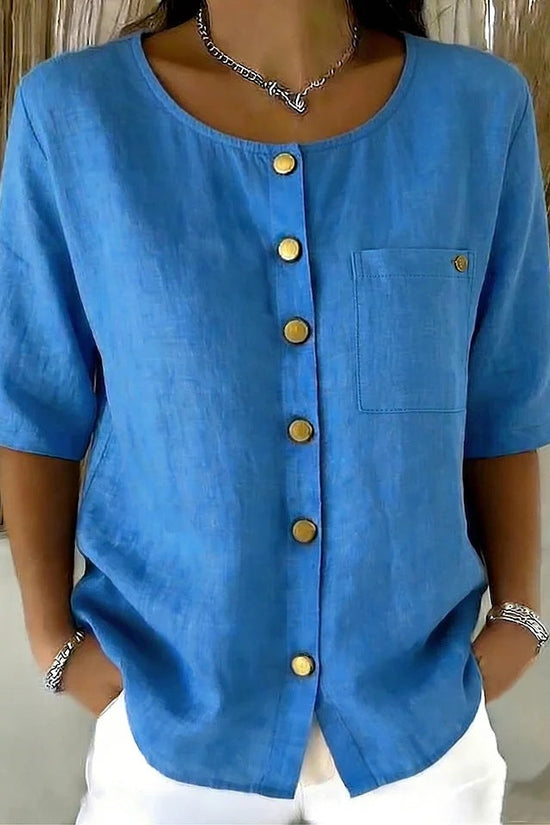 Womens Crew-Neck Shirt With Metal Buttons And Three-Quarter Sleeves 