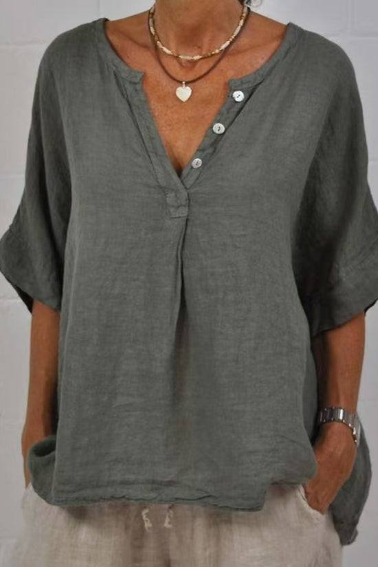 Cotton-linen Solid-color Door-cuff V-neck Button-up Shirt 