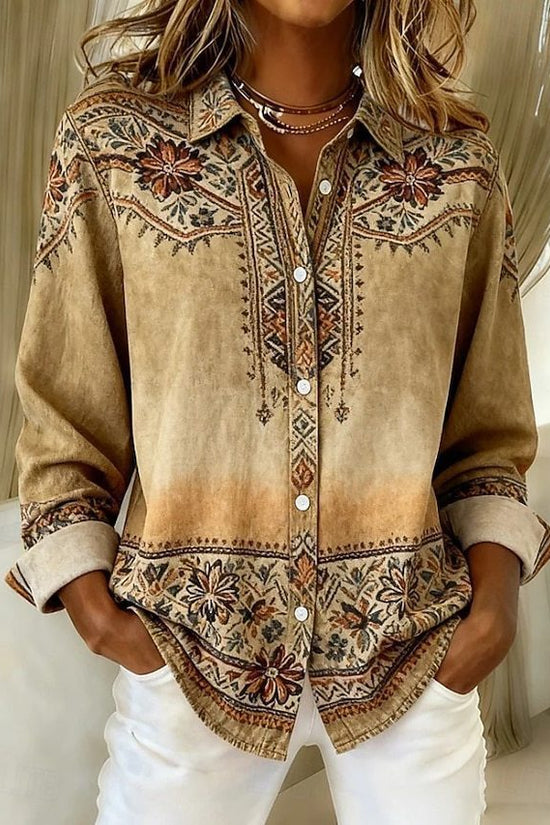 Womens Loose-Fitting Long-Sleeve Lapel-Neck Printed Shirt 