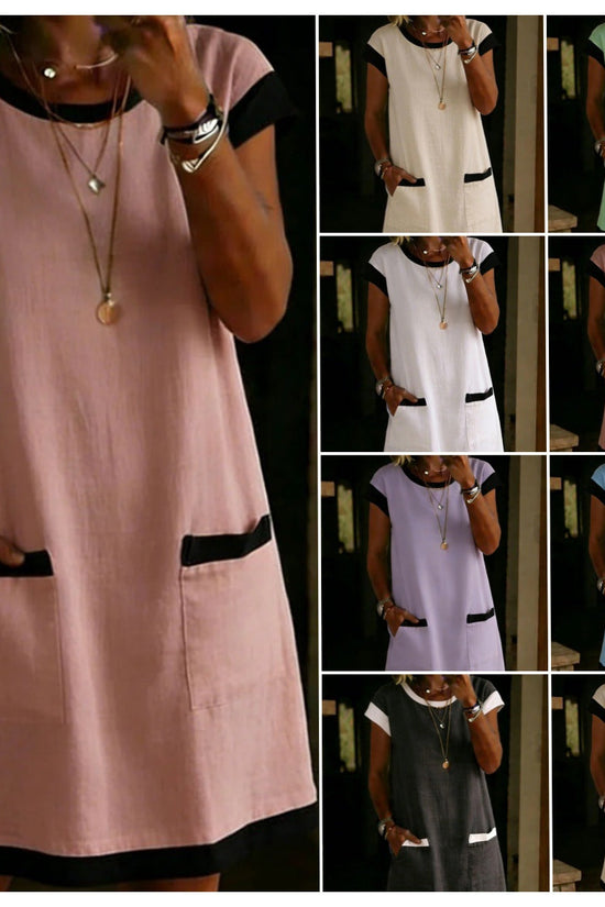 Pullover Pocket Color-Block Straight T-Shirt Mini Dress 