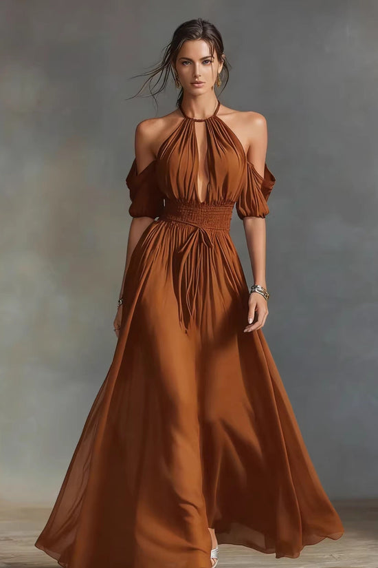 Womens Solid-Colored Halter Maxi Dress 