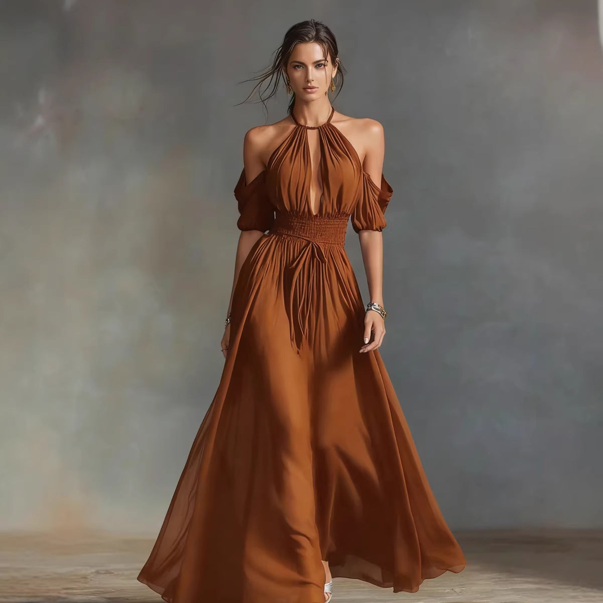 Womens Solid-Colored Halter Maxi Dress 