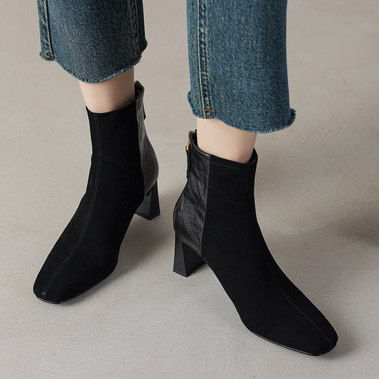 Womens Korean-style Square-toe Leather Chunky-heel Patchwork Ankle Boots 